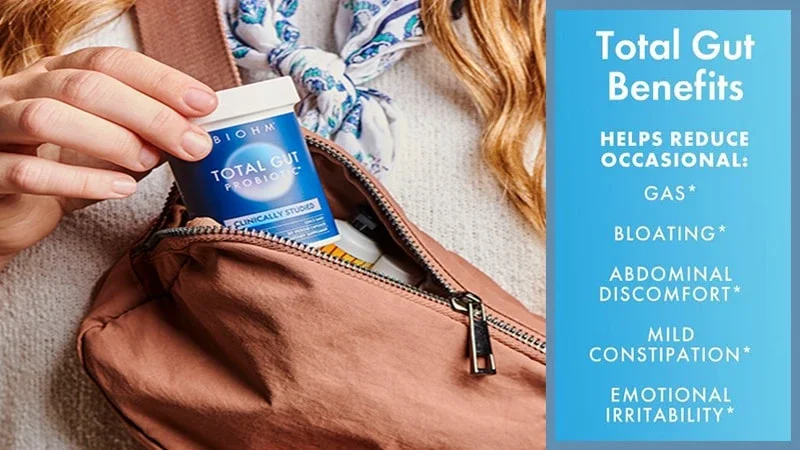 BIOHM Total Gut Probiotic benefits infographic showing the formula helps reduce occasional gas, bloating, abdominal discomfort, mild constipation, and emotional irritability, supporting the gut-skin axis for better digestive and skin health.