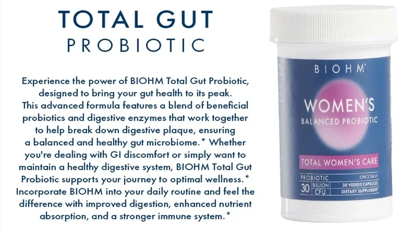 BIOHM Women's Balanced Probiotic package highlighting 30 Billion CFU, once daily dietary supplement designed to support digestive health, nutrient absorption, immune function, and promote healthy vaginal microflora for women over 35.