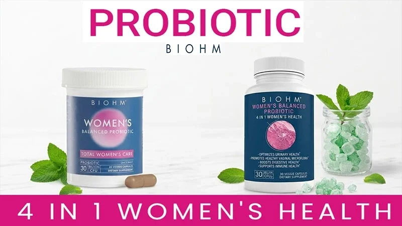 BIOHM brand logo on Women's Balanced Probiotic packaging, featuring the "4 in 1 Women's Health" claim for comprehensive support of digestive, vaginal, immune, and overall wellness through gut health. BIOHM Probiotic Review ideal solution for gut-skin health after 35.