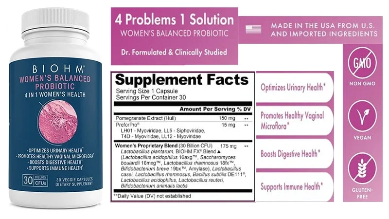 BIOHM Women’s Probiotic Review: 30 Billion CFU formula for gut-skin health after 35. supplement facts label.