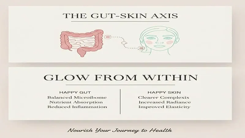 Infographic showing how gut health influences skin clarity, elasticity, and natural radiance in holistic skincare
