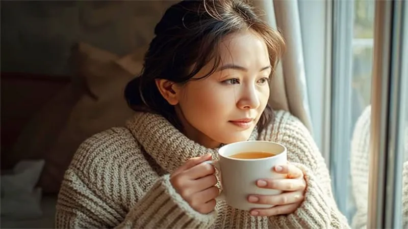 A young woman enjoying a warm wellness drink by the window. This image illustrates the lifestyle aspect of the skin-gut axis explained, showing how internal hydration and gut health lead to a natural, healthy glow.
