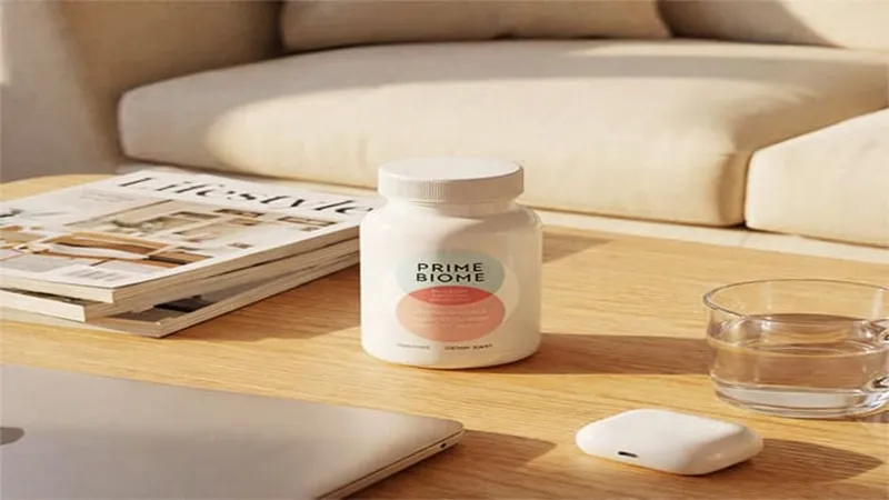 A bottle of Prime Biome dietary supplements on a coffee table. This highlights the science behind your glow by focusing on probiotics and gut support as essential components of the skin-gut connection.