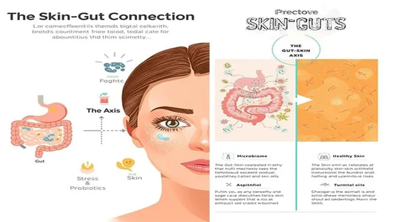 An educational infographic illustrating the skin-gut axis explained. The diagram shows the direct link between the gut microbiome and skin health, detailing the science behind your glow through internal balance