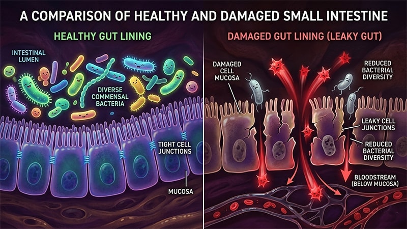 Scientific illustration comparing a healthy gut lining with diverse bacteria to a damaged leaky gut with inflammatory particles escaping into the bloodstream.