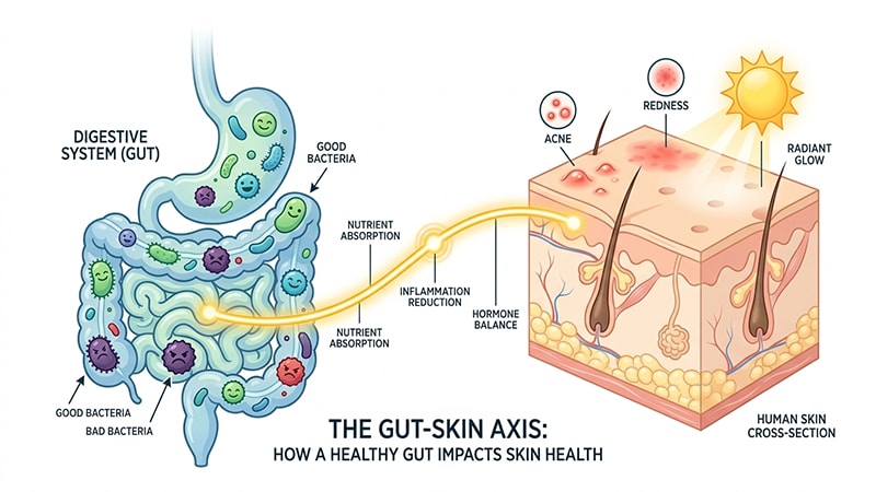 Educational infographic showing the connection between the gut microbiome and skin health, with icons for good and bad bacteria linked to skin conditions.