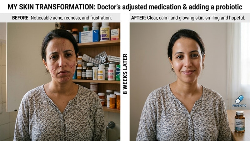 Before and after skin transformation of a woman showing reduction in acne and redness after addressing gut-disrupting medications and adding probiotic support.