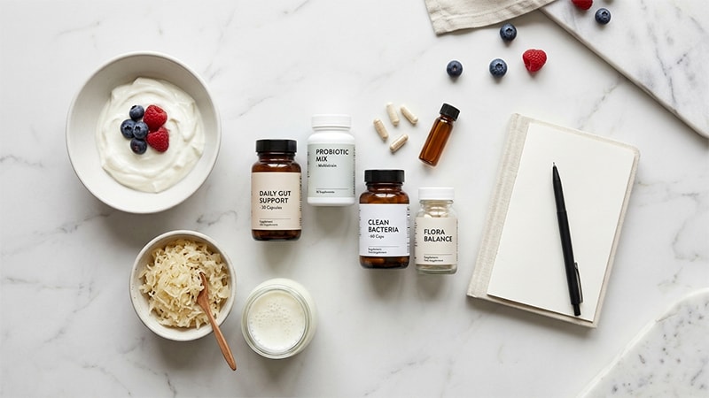 Flat lay of probiotic capsules and bottles arranged with yogurt, kefir, sauerkraut, and fresh berries for gut health.