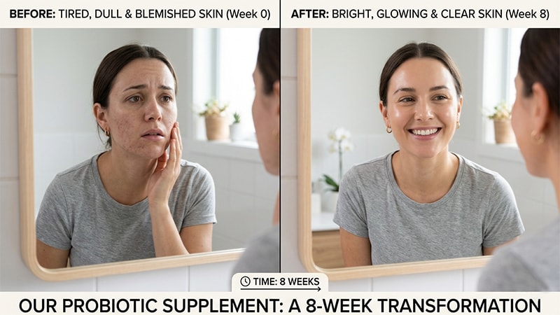 Before and after comparison of a woman's skin showing transformation from dull and blemished to clear and glowing after improving gut health.
