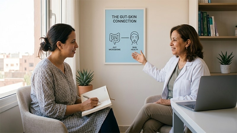 Woman in doctor's office having a collaborative conversation with her physician about gut health, medications, and skin concerns.
