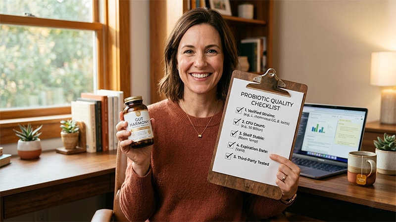 Woman in home office holding probiotic bottle and pointing to a checklist for choosing the right supplement for skin health.