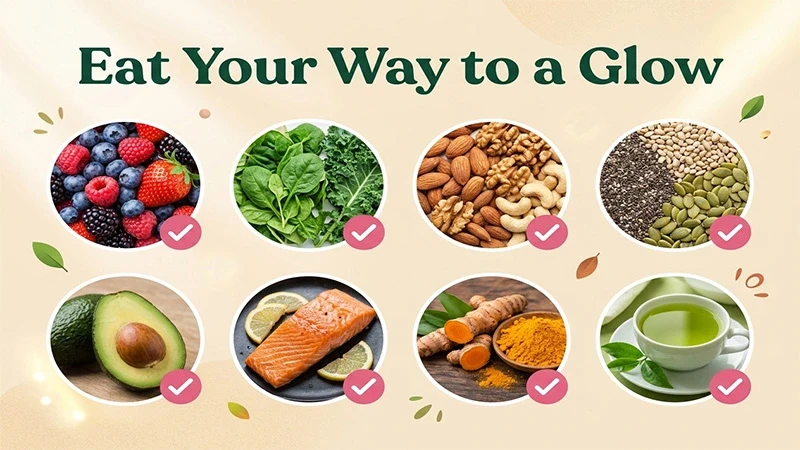 Grid of 8 healthy foods with pink checkmarks: berries, leafy greens, nuts, seeds, avocado, salmon, turmeric, and green tea.