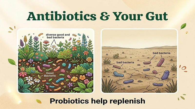 Before and after illustration of gut microbiome: a diverse garden of bacteria before antibiotics, and a barren field with scattered bad bacteria after antibiotics.