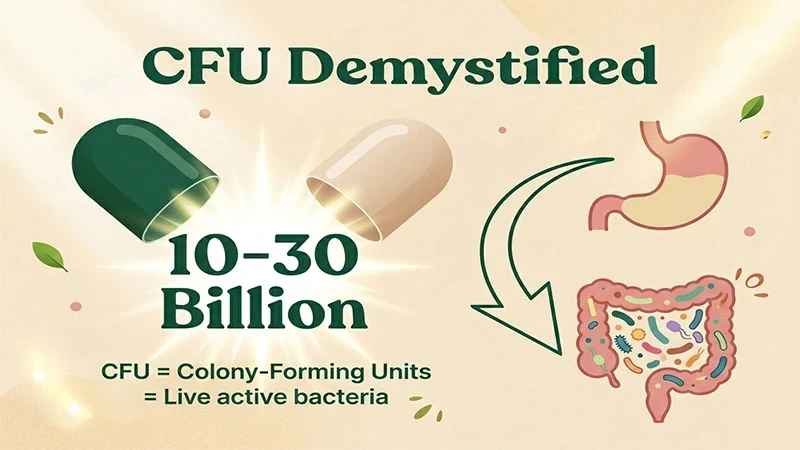 Educational infographic explaining CFU (Colony-Forming Units) in probiotics, showing a capsule opening to reveal 10-30 Billion live bacteria traveling from stomach to gut.