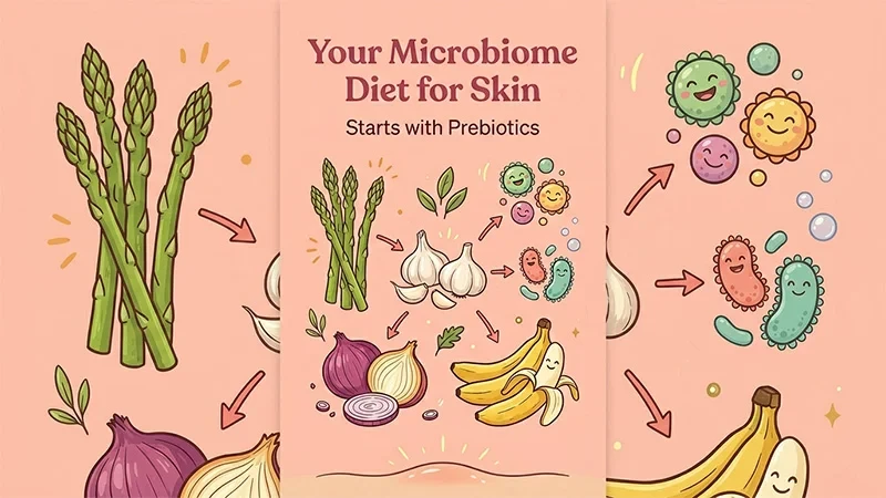 Illustration of prebiotic foods (asparagus, garlic, onions, bananas) feeding bacteria for a microbiome diet for skin.