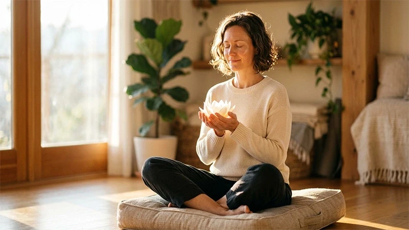 A peaceful woman over 35 meditating with a glowing lotus flower, symbolizing her inner beauty secret for radiant skin.