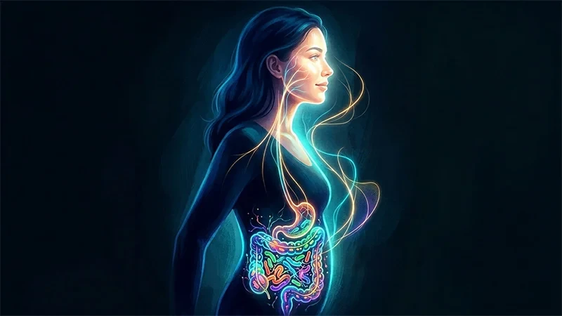 Artistic illustration showing glowing gut microbiome connected to radiant facial skin, representing a microbiome diet for skin.