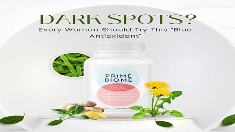 PrimeBiome dietary supplement for dark spots and skin health featuring blue antioxidant benefits for women.