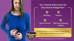 FDgard supplement infographic showing its benefits for managing occasional indigestion symptoms including bloating, nausea, upset stomach, and difficulty finishing a meal, with clinically shown results.