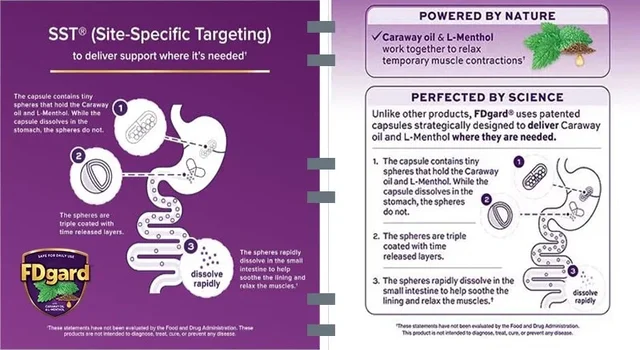 Educational diagram showing how FDgard's patented SST technology uses triple-coated spheres to deliver caraway oil and L-Menthol past the stomach to the small intestine for targeted digestive relief.