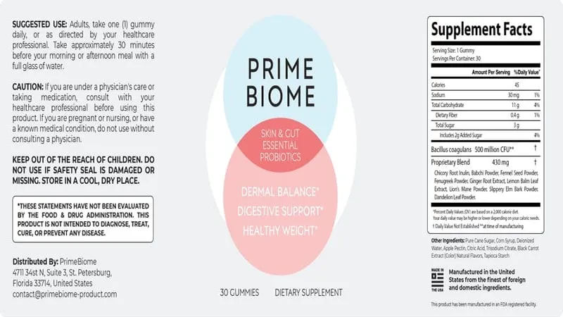 PrimeBiome supplement facts label showing ingredients like Bacillus coagulans, Inulin, and Ginger root extract for healthy weight and skin.