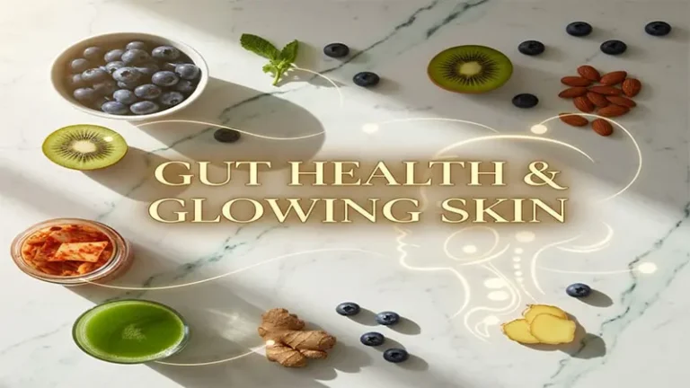 Healthy foods for gut health and glowing skin showing blueberries, kiwi, almonds, ginger, and probiotic foods illustrating the gut-skin connection