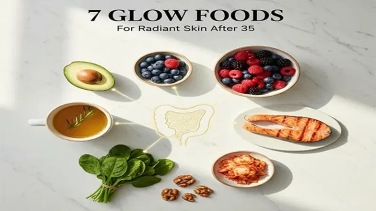 Infographic showing the 7 essential glow foods for the Skin-Gut Axis Diet to achieve radiant skin after 35