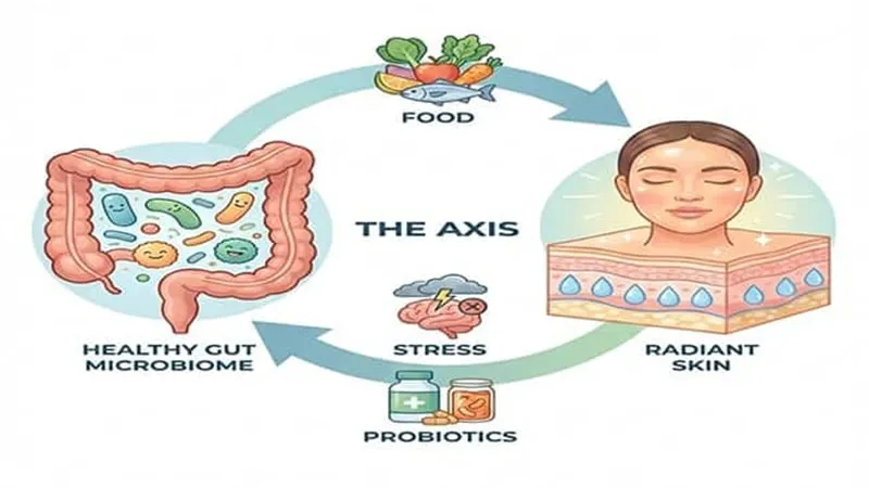 Infographic of the gut-skin axis showing the connection between a healthy gut microbiome, probiotics, and radiant skin