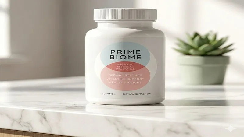 PrimeBiome skin and gut probiotic supplement bottle with natural ginger and dandelion ingredients for dermal balance.