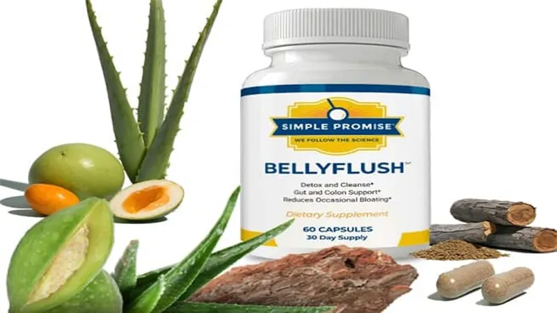 Simple Promise BellyFlush dietary supplement bottle with natural ingredients for gut support and reducing occasional bloating