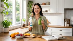 Woman in bright kitchen holding probiotic bottle and green smoothie with fresh fruits on counter, promoting gut-skin health after 35.