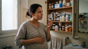 Woman standing in front of an open medicine cabinet touching her cheek, showing concern about the link between medications and skin health.