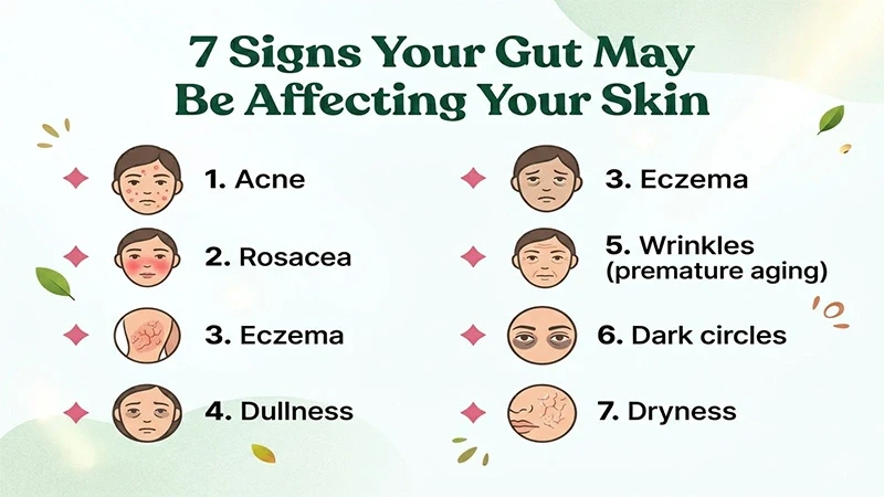 Infographic showing 7 silent signs your gut health is affecting your skin including bloating, fatigue, sugar cravings, and skin issues.