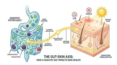 Educational infographic showing the connection between the gut microbiome and skin health, with icons for good and bad bacteria linked to skin conditions.