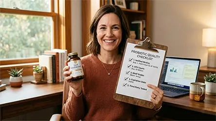 Woman in home office holding probiotic bottle and pointing to a checklist for choosing the right supplement for skin health.