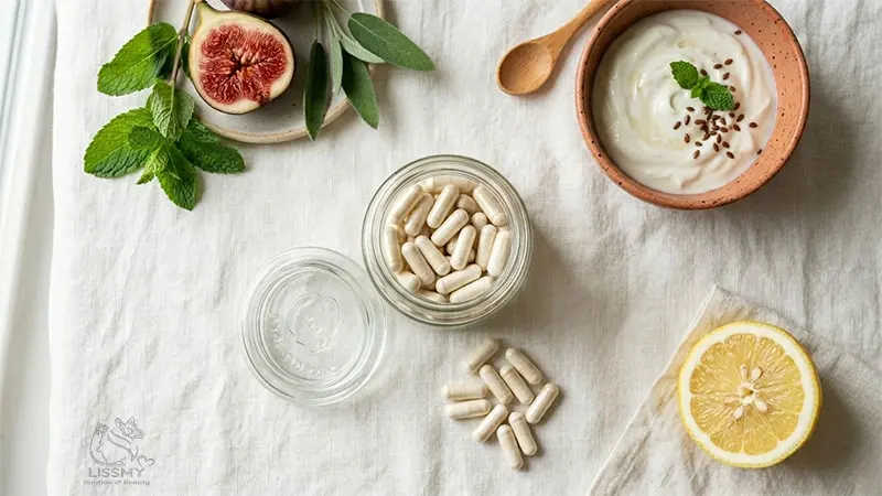 Probiotic capsules with gut-healthy foods including yogurt and kefir on a white background best probiotics for women over 35