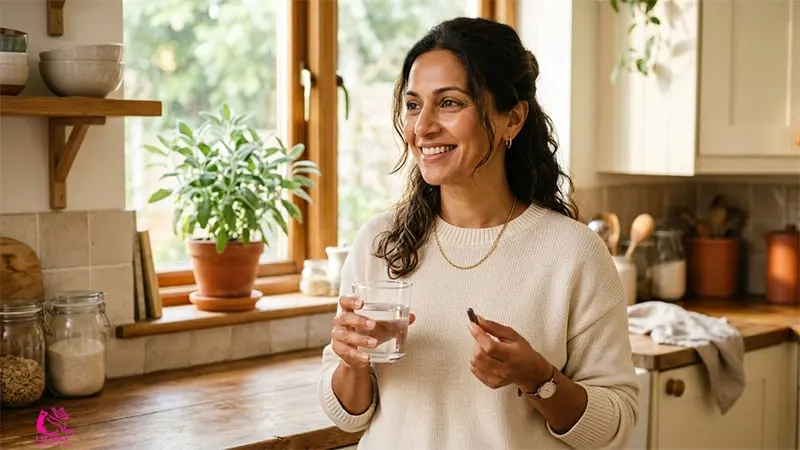 Healthy woman in her late 30s holding a probiotic capsule and glass of water in a bright kitchen — daily gut health routine for glowing skin after 35