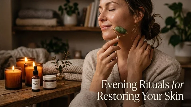 The connection between gut health and skin for women over 35 A woman's hands using a jade roller on her face with lit candles in the background.