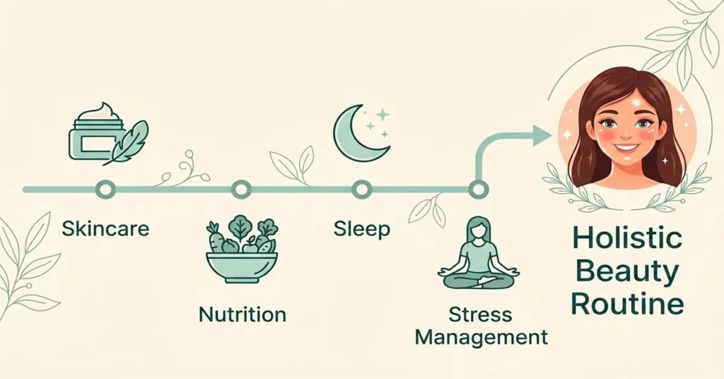 Educational banner showing a 4-step roadmap from skincare and nutrition to sleep and stress management, ending with a glowing face.