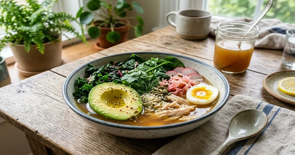 Healthy gut-healing bowl with fresh greens and avocados on a wooden table.