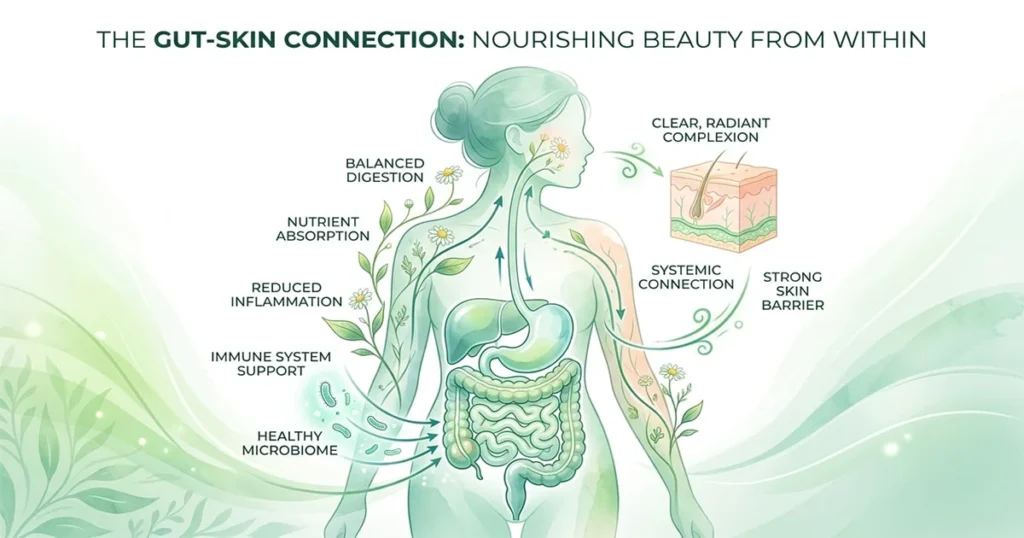 Conceptual medical illustration showing the connection between the gut and the skin inside the body.