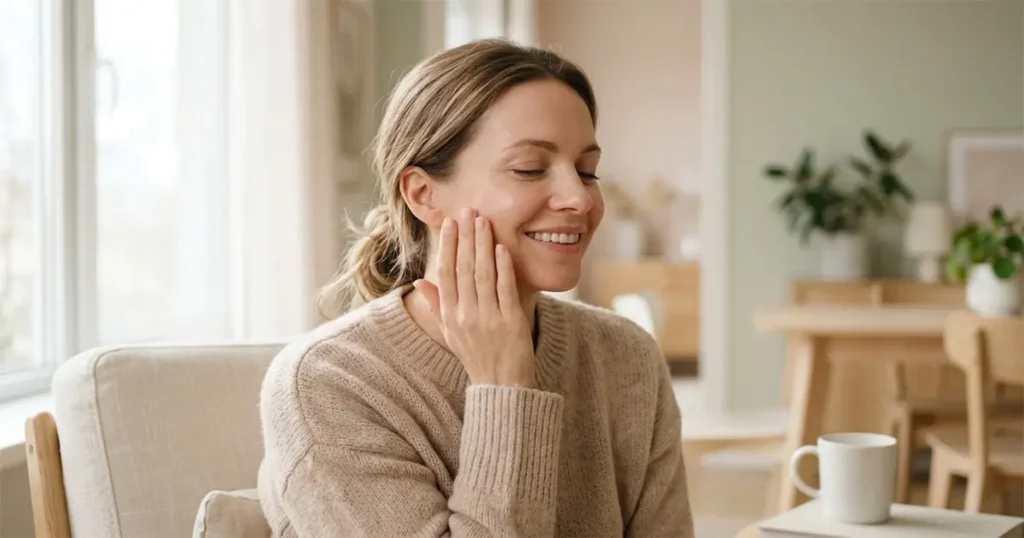 Radiant woman in her late 30s touching her cheek gently, representing glowing skin and gut-skin health after 35.